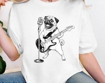 Pug Playing Electric Guitar T-Shirt | Retro Microphone Rock Band Tee