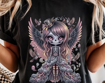 Pastel Goth Avenging Angel Illustration T-shirt | Kawaii Skeleton Fairy Wings
