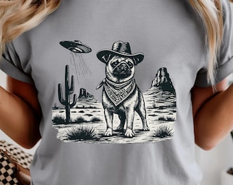 Cowboy Pug UFO T-Shirt | Western Desert Gift Pug Mom Dad Illustration, Cactus Scene