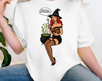 Witch Pinup Brewing Cauldron Tee | Halloween Witch Illustration, Practice Bitchcraft