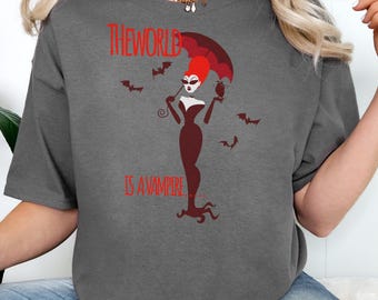 Vampire Woman Illustration T-Shirt | The World Is A Vampire, bats, red umbrella