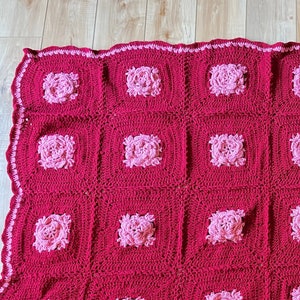 Vintage Handmade Red and Pink Floral Rose Crochet Afghan - Granny 3D Square Throw Blanket