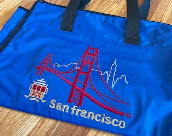 Vintage Blue San Francisco City Golden Gate Bridge Embroidered Zipper Tourist Bag