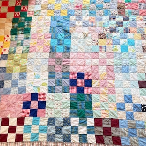 Vintage Handmade Nine Patch Square Quilt Double Sided with Floral Print