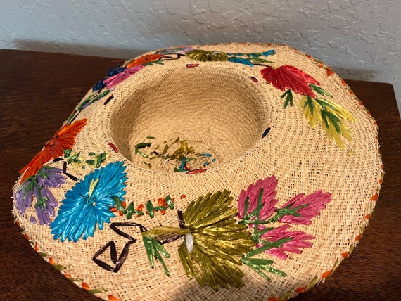 Vintage Raffia Embroidery Floral Straw Sun Hat Re… - image 6