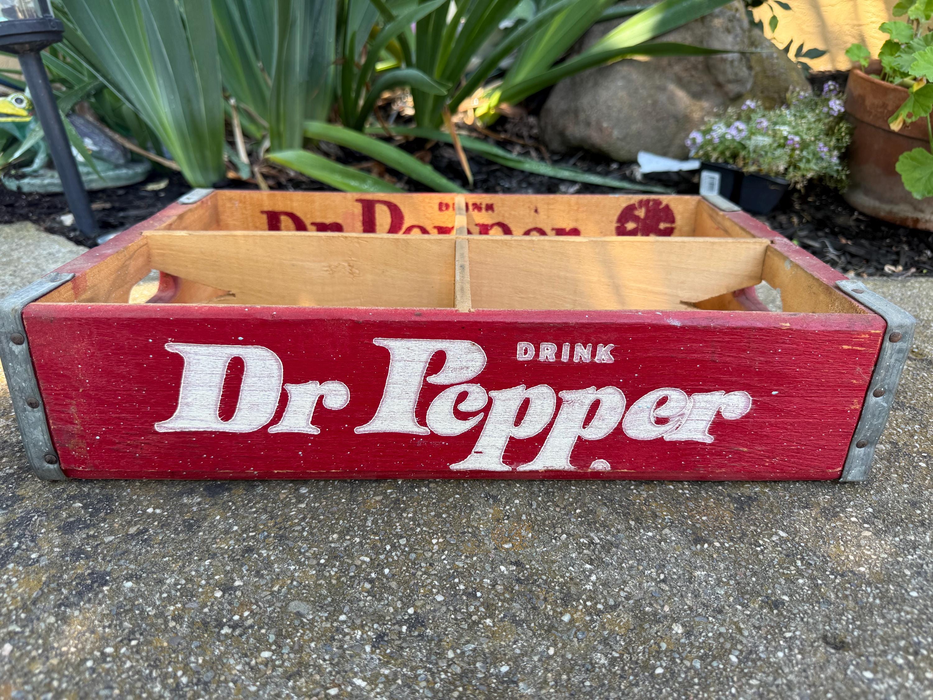 Vintage Dr. Pepper Soda Pop Bottles Red Wooden Crate - Old