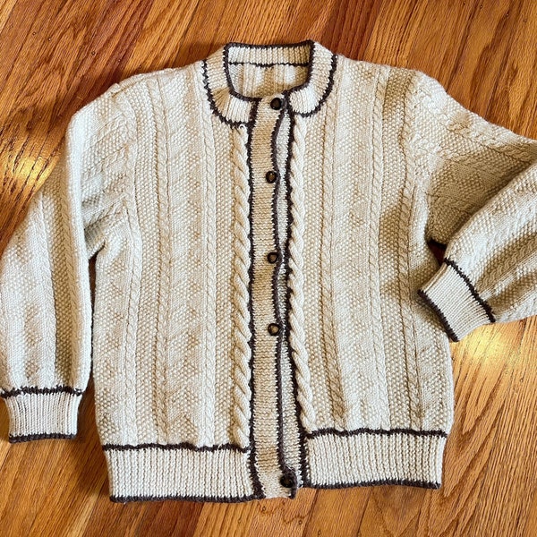 Vintage Hand Knit Cream and Brown Button Down Wool Cardigan Sweater