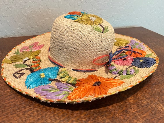 Vintage Raffia Embroidery Floral Straw Sun Hat Re… - image 2