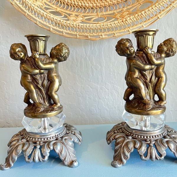 Vintage Pair of Gold Brass Cherub Candle Stick Holders Hand Cut Crystal Glass Hollywood Regency
