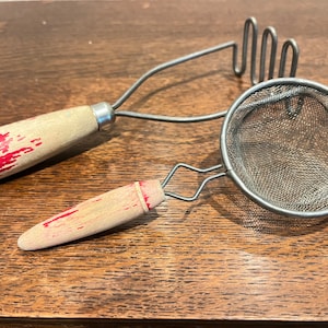 Vintage Kitchen Utensils Wood Red Handles - Potato Masher & Sifter - Farmhouse Decor