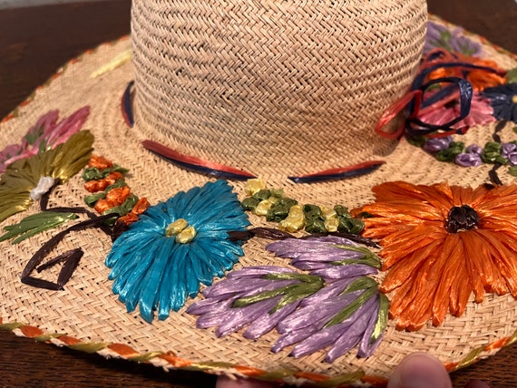 Vintage Raffia Embroidery Floral Straw Sun Hat Re… - image 5