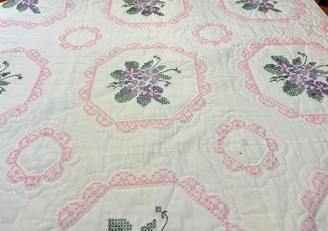 Vintage White Quilt Blanket With Cross Stitch Purple Floral Pattern BEAUTIFUL Etsy