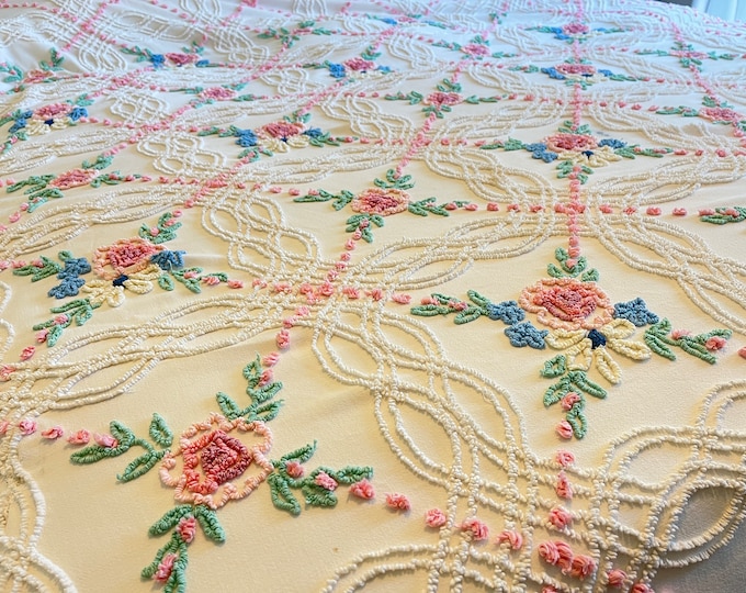 Vintage Cabin Crafts Needle Tuft White Chenille Pink Floral Etsy