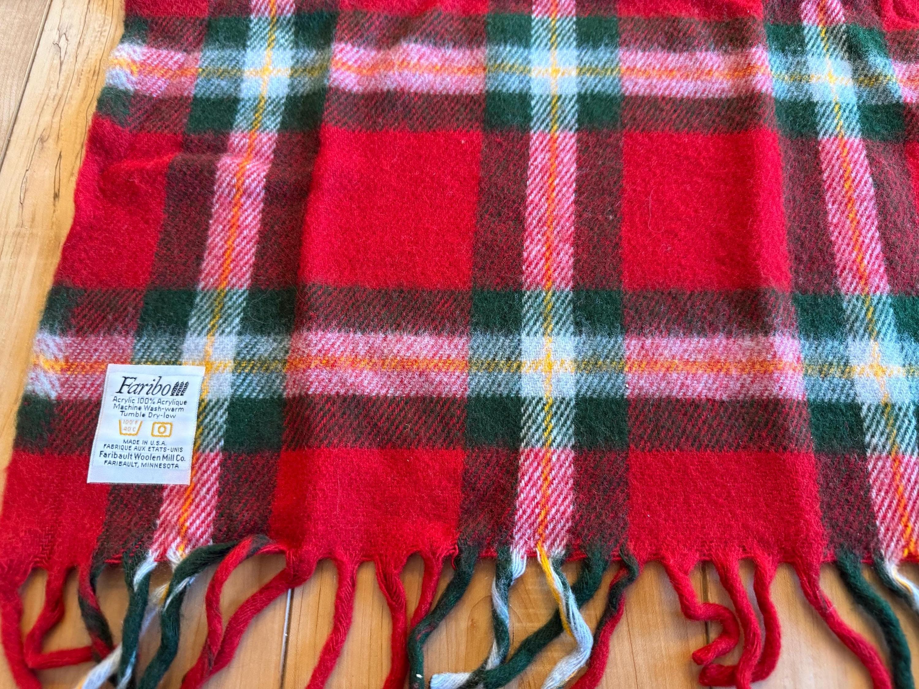 Vintage Faribo Red Plaid Woven Stadium Throw Blanket with Fringe