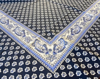 Vintage French Country Blue Paisley Large Cotton Handkerchief Bandana Cloth - Made in USA