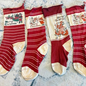 Vintage 1930s Red & White Striped Knit Christmas Stockings