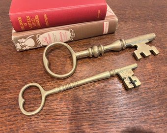 Vintage Solid Brass Large Skeleton Keys Set of 2 - Paper Weight Desk Decor