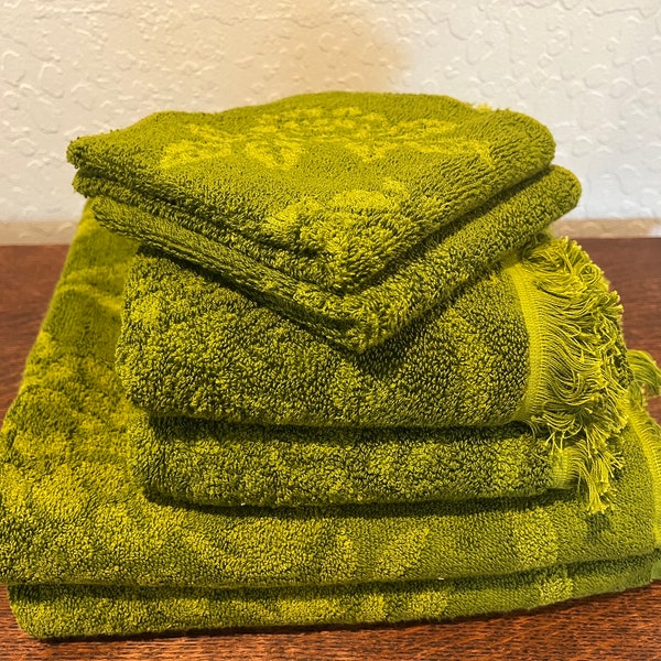 Vintage Fieldcrest Green Two Tone Bath Towels - Set of 6