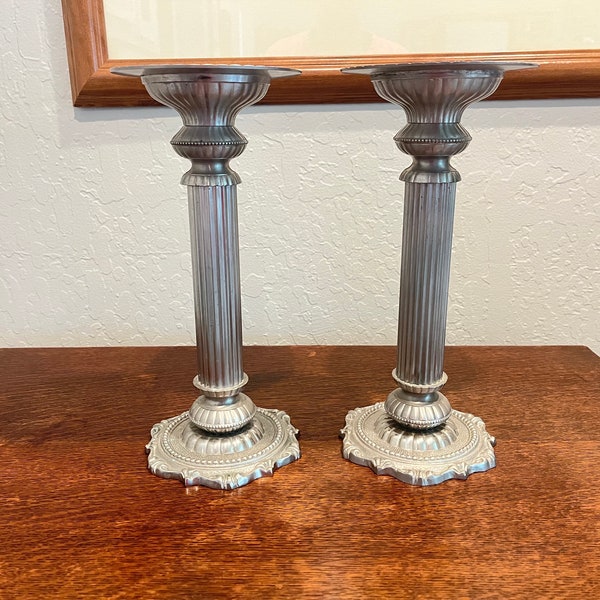 Vintage Pewter Corinthian Column Pillar Candlestick Holders - Set of 2
