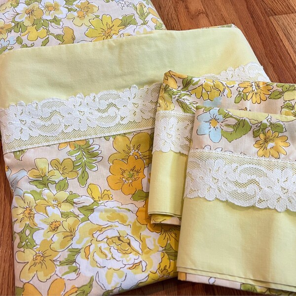 Vintage Yellow Floral Lace Perma Press Percale Double Size Sheet Set