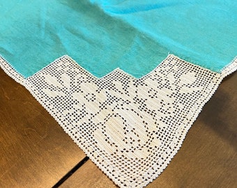 Vintage Aqua Blue Solid Tablecloth with White Crochet Lace Corner Edges