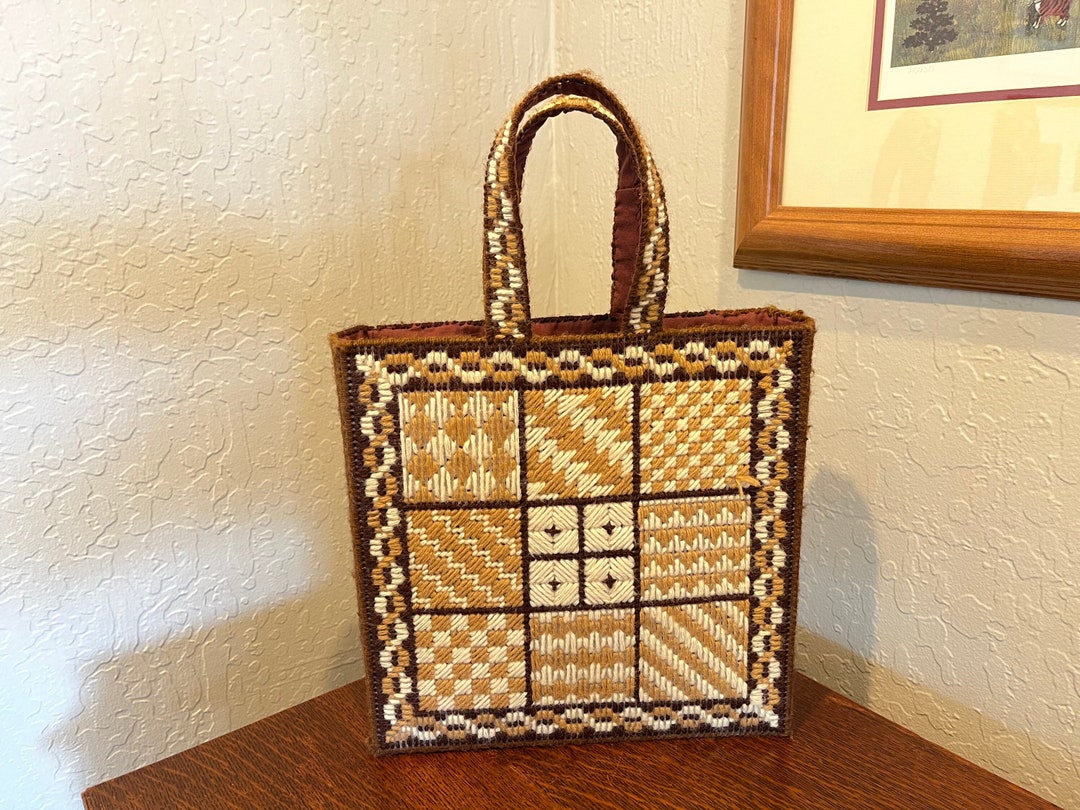 Vintage Needlepoint Knit Plastic Canvas Handle Tote Bag in Etsy
