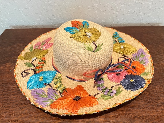 Vintage Raffia Embroidery Floral Straw Sun Hat Re… - image 1