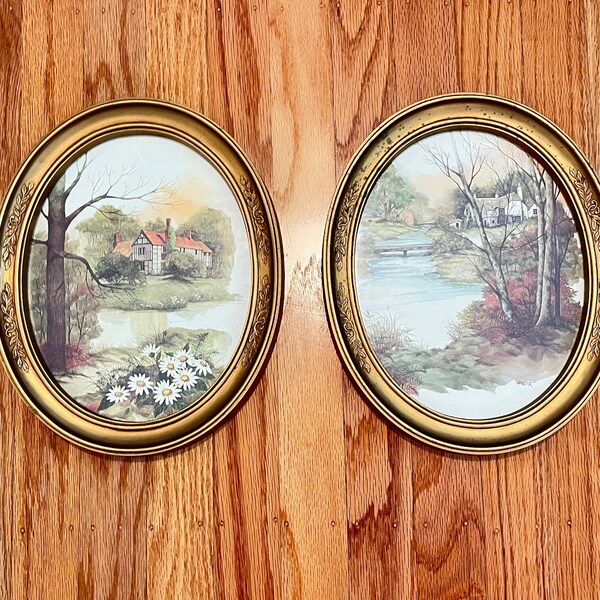 Vintage Set of Two English Cottage Garden Watercolor Prints Homco Gold Oval Frame