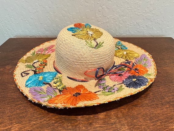 Vintage Raffia Embroidery Floral Straw Sun Hat Re… - image 3