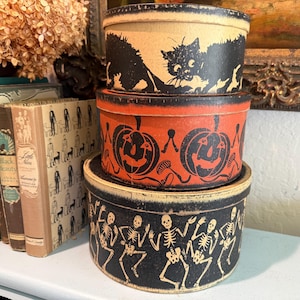 Vintage Halloween Folk Art Nesting Paper Mache Decorative Boxes