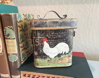 Vintage Black Metal Rooster Kitchen Tin Canister