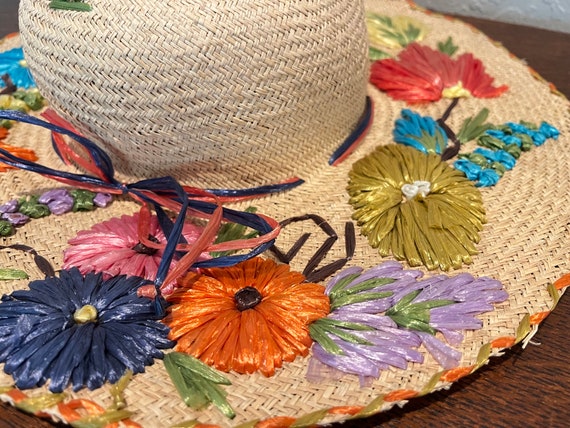 Vintage Raffia Embroidery Floral Straw Sun Hat Re… - image 4