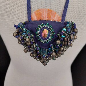 Beaded purple deerskin with pecten shell shaman medicine shaker rattle necklace
