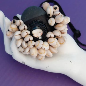 Beaded black deerskin with sea rock shaman medicine shaker rattle necklace