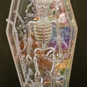 May include: A clear plastic coffin-shaped container holding a transparent skeleton figure. The coffin is filled with colorful confetti. The skeleton is detailed with visible ribs and skull. The background is a dark surface.