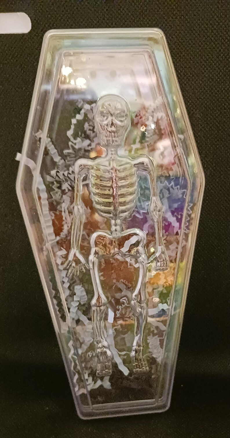 May include: A clear plastic coffin-shaped container holding a transparent skeleton figure. The coffin is filled with colorful confetti. The skeleton is detailed with visible ribs and skull. The background is a dark surface.