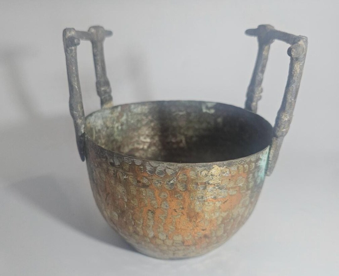 Vintage Copper Bowl | Dimpled Hammered Copper Planter With Brass ...