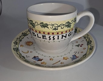 Xícara e pires vintage Mary Engelbreit "Count Your Blessings" | Conjunto de chá com sol, lua e estrelas | Caneca de café estilo cottagecore
