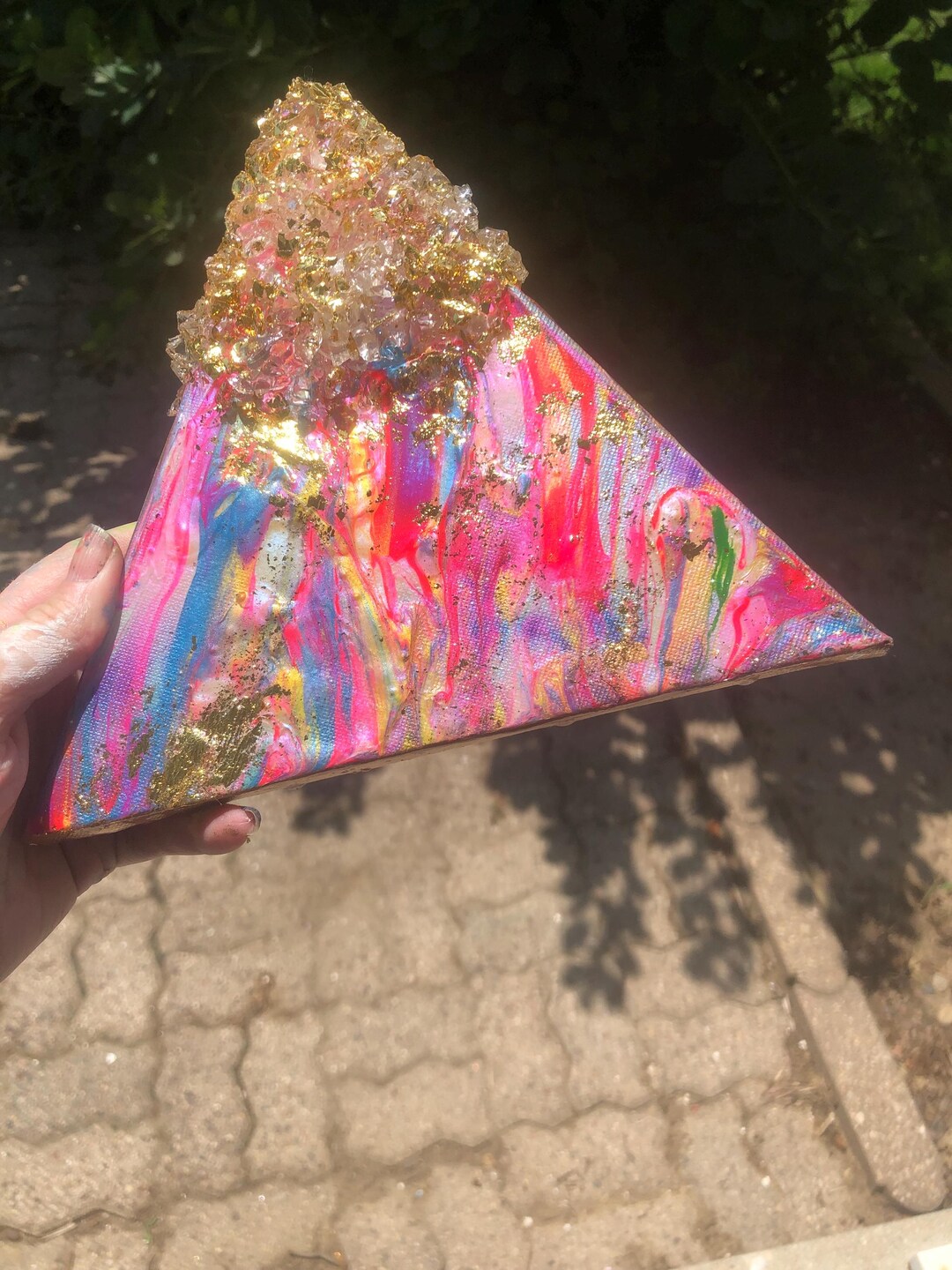 Crystalline Peak – Triangle Resin Art With Crystal Cluster and Rainbow ...