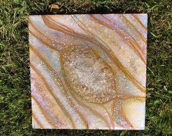 Heavenly Realm – 12” Resin Geode Painting with Glass Crystals & Glitter Accents | Iridescent Galaxy Wall Art |  Feminine Grace