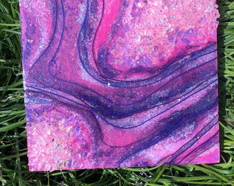 Celestial Sugar – 12” Original Resin Geode Painting with Glitter Accents | Cosmic Abstract Wall Art | Pink Galaxy Vibes