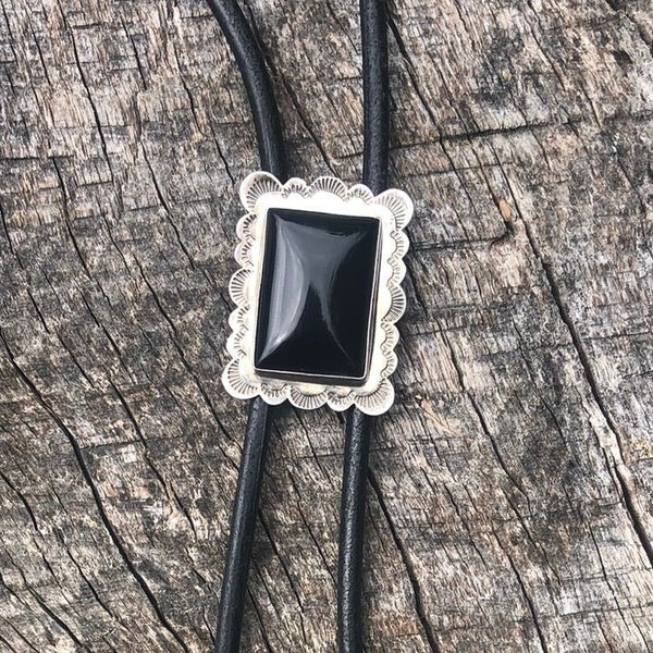 Black Stone Sterling Silver Pendant Bolo Tie on Black Leather Cord with Silver Tips