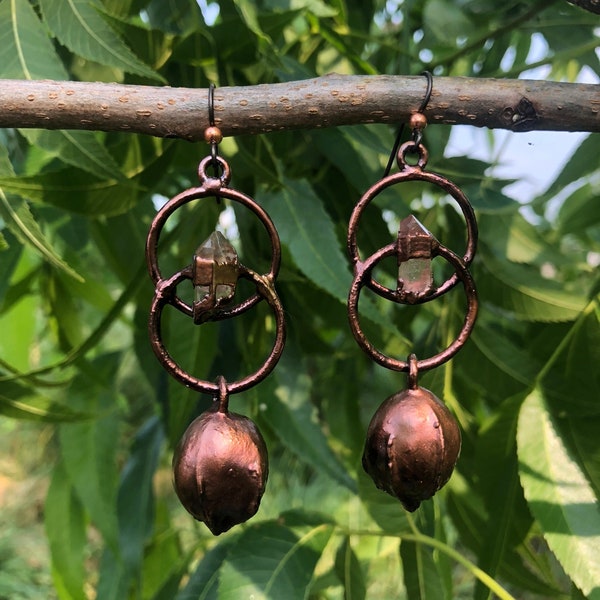 Hickory Nut and Arkansas Quartz Crystal Copper Electroformed Dangle Earrings