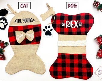 Personalized Burlap Pet Christmas Stocking: Bone or Fish Shaped