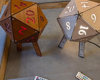 Giant Laser Cut Wooden D20 Lamp: Color Changing LED Lighting (390mm)