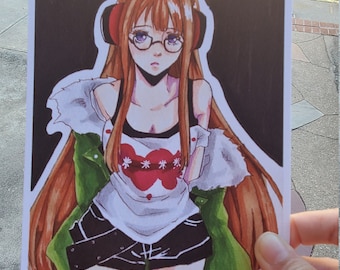 May include: A digital illustration of a young woman with long brown hair, wearing a green jacket, a white shirt with a red heart design, and black shorts. She is wearing glasses and headphones.