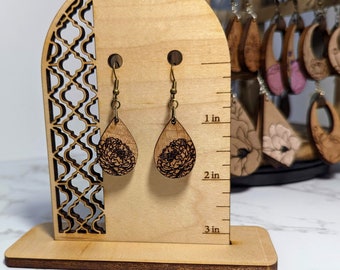 Peony Wooden Engraved Dangle Drop Earrings