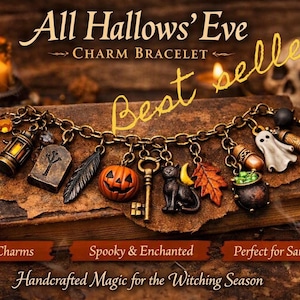 May include: A bronze-toned charm bracelet featuring various Halloween-themed charms including a lantern, tombstone, feather, pumpkin, key, black cat, crescent moon, autumn leaf, cauldron with green liquid, and a ghost.