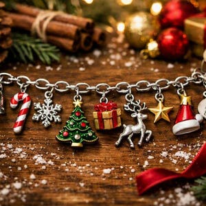 May include: A silver-toned charm bracelet featuring festive holiday icons including a bell, candy cane, snowflake, Christmas tree, gift box, reindeer, star, Santa hat, and a round tag engraved with the text Merry & Bright.