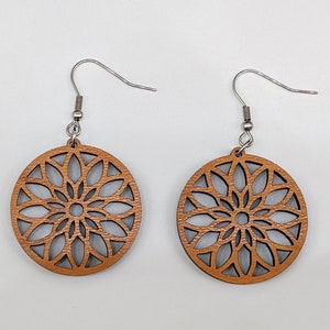 Geometric Double Petal Flower Wood Earrings Dangle Drop (choice of Maple, Cherry or Walnut)
